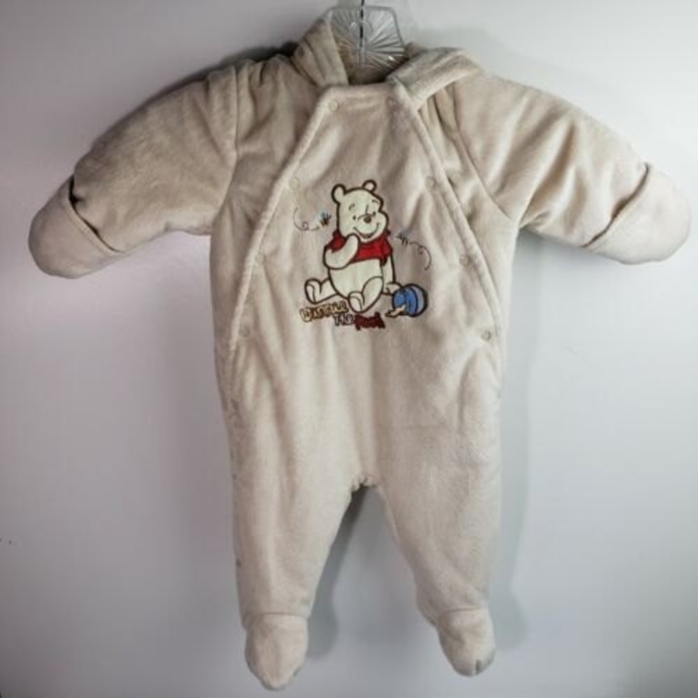 Disney Baby Winnie The Pooh Beige Fleece Soft One-Piece Hooded Romper Sz. 3-6 mo